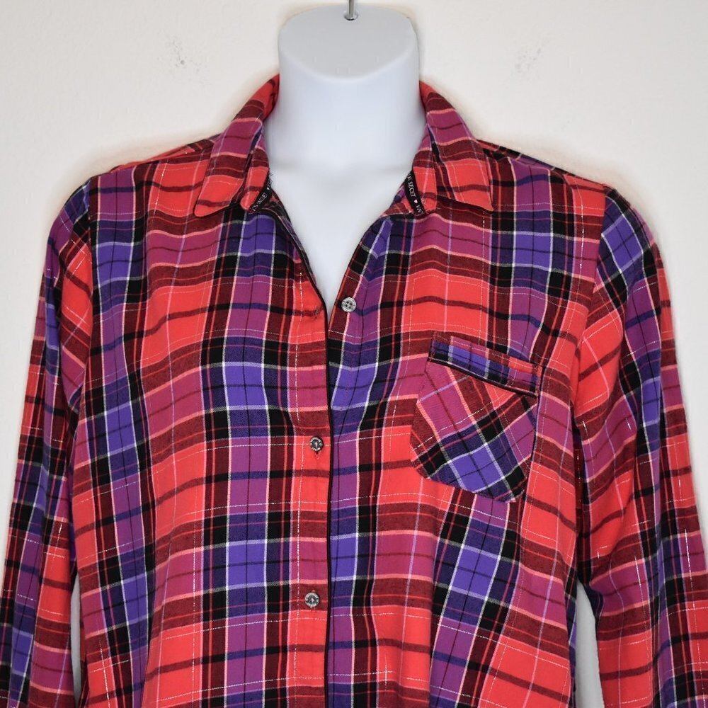 Victorias Secret Flannel Pajama Top Plaid Sz L Tunic Sleep Cabincore Western - Picture 2 of 15